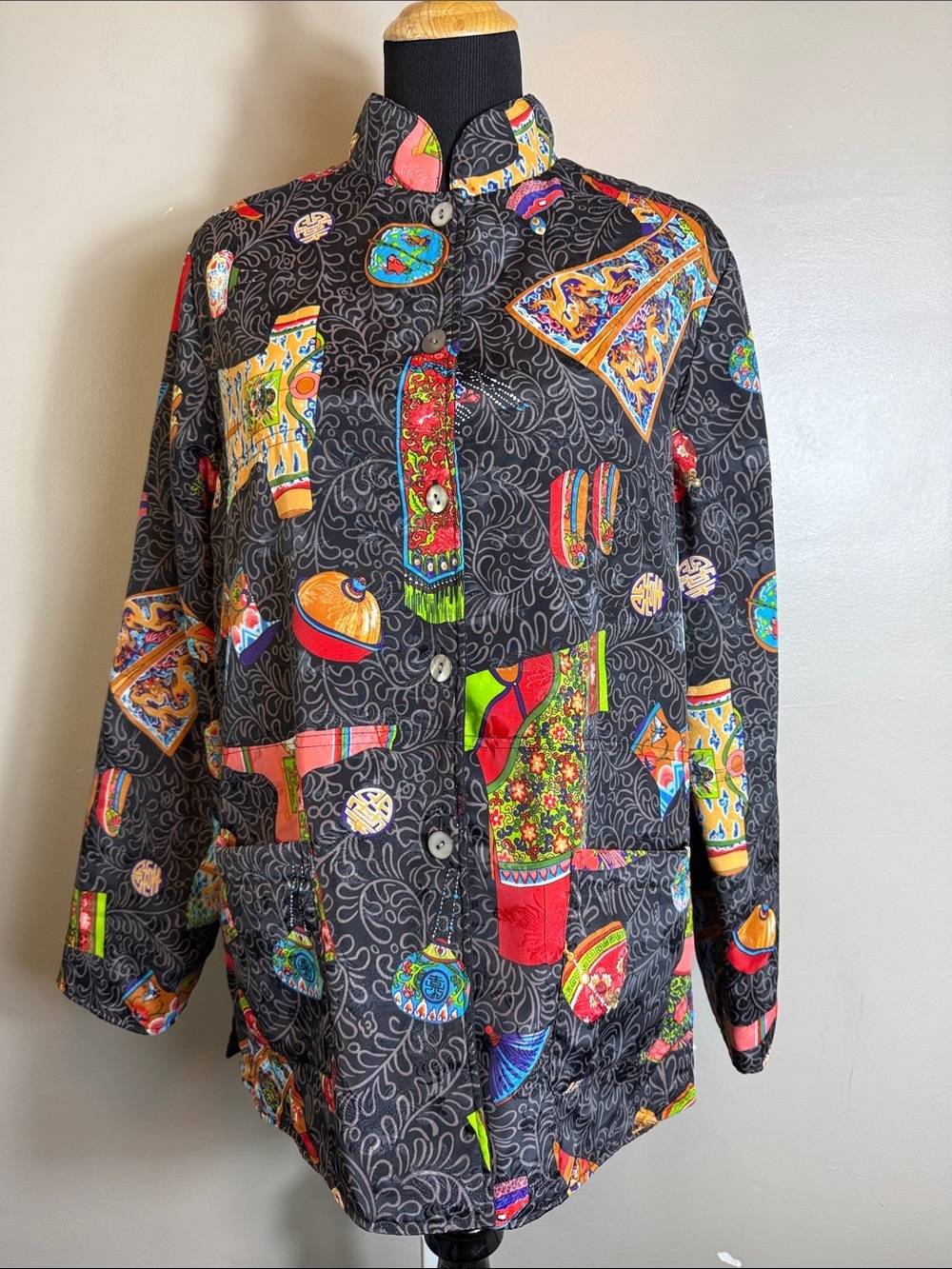 Harajuki Girls Y2K Reversible Black Asian Print Jacket Mandarin Collar